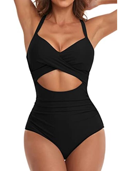 Eomenie Women's One Piece Swimsuits Tummy Control Cutout High Waisted Bathing Suit Wrap Tie Back 1 Piece Swimsuit