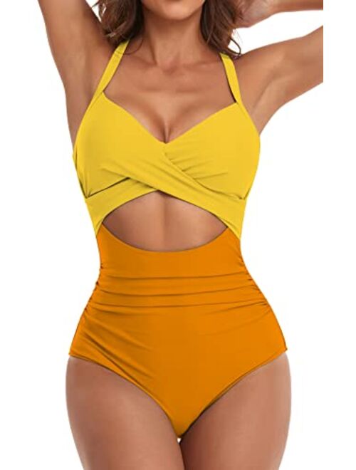 Eomenie Women's One Piece Swimsuits Tummy Control Cutout High Waisted Bathing Suit Wrap Tie Back 1 Piece Swimsuit