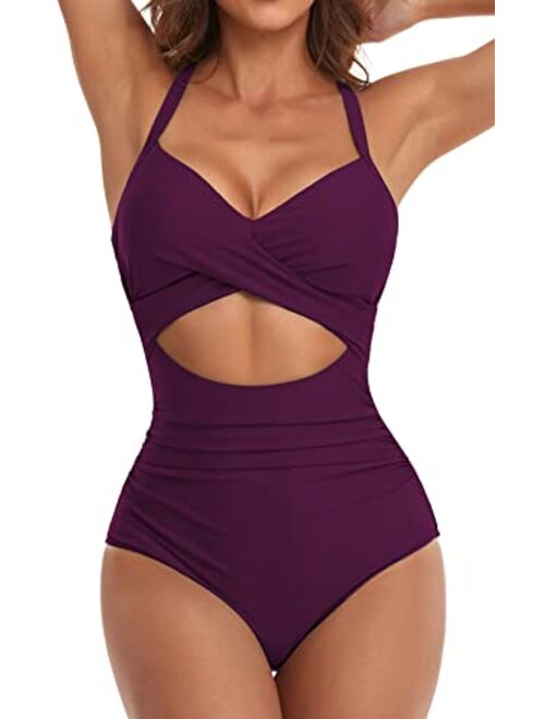 Eomenie Women's One Piece Swimsuits Tummy Control Cutout High Waisted Bathing Suit Wrap Tie Back 1 Piece Swimsuit