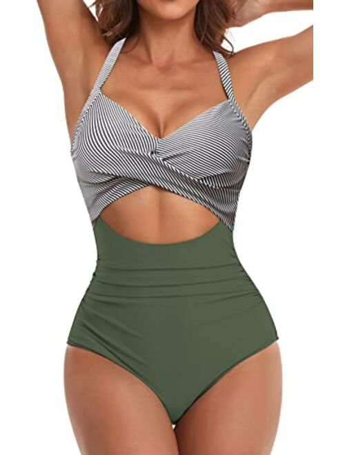 Eomenie Women's One Piece Swimsuits Tummy Control Cutout High Waisted Bathing Suit Wrap Tie Back 1 Piece Swimsuit