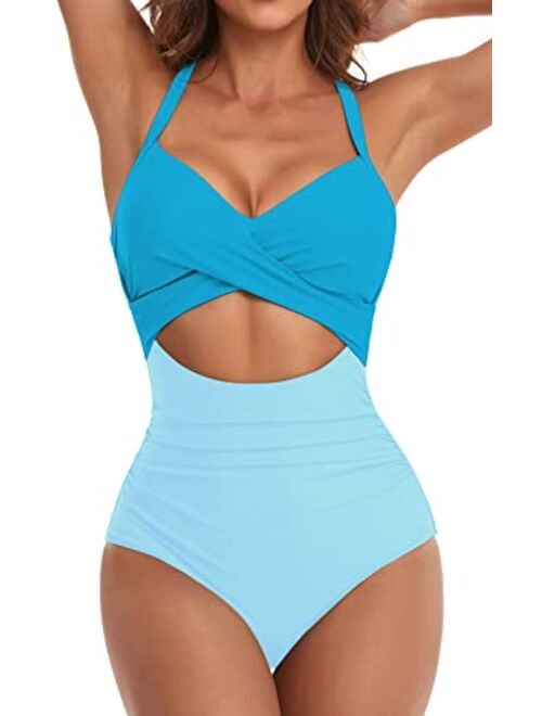 Eomenie Women's One Piece Swimsuits Tummy Control Cutout High Waisted Bathing Suit Wrap Tie Back 1 Piece Swimsuit