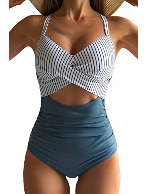 Eomenie Women's One Piece Swimsuits Tummy Control Cutout High Waisted Bathing Suit Wrap Tie Back 1 Piece Swimsuit