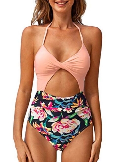 Women's One Piece Swimsuit Cutout Halter Lace Up Twist Bathing Suit