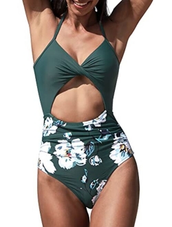 Women's One Piece Swimsuit Cutout Halter Lace Up Twist Bathing Suit