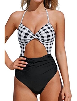 Women's One Piece Swimsuit Cutout Halter Lace Up Twist Bathing Suit