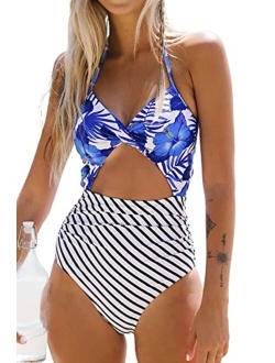 Women's One Piece Swimsuit Cutout Halter Lace Up Twist Bathing Suit