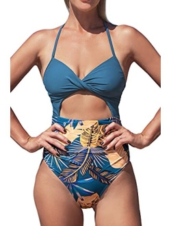 Women's One Piece Swimsuit Cutout Halter Lace Up Twist Bathing Suit