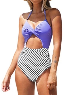 Women's One Piece Swimsuit Cutout Halter Lace Up Twist Bathing Suit