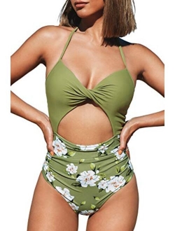 Women's One Piece Swimsuit Cutout Halter Lace Up Twist Bathing Suit