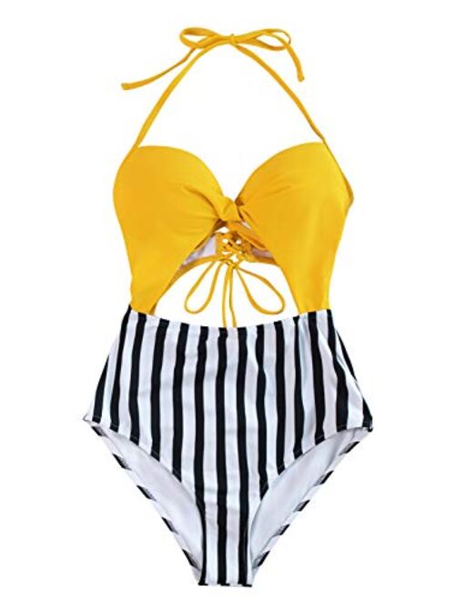 CUPSHE Women's One Piece Swimsuit Cutout Halter Lace Up Twist Bathing Suit