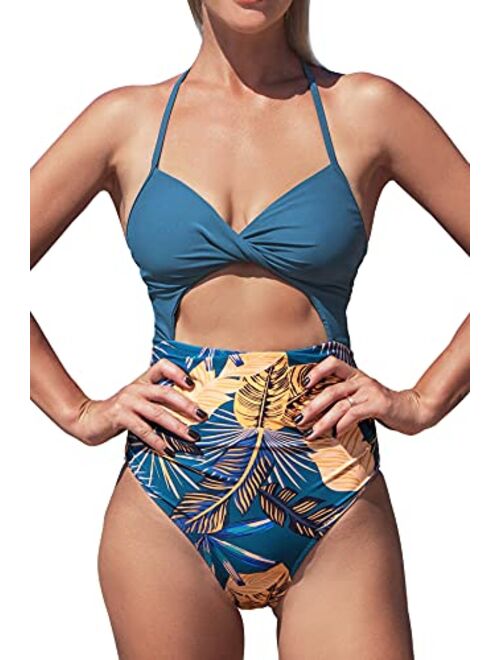 CUPSHE Women's One Piece Swimsuit Cutout Halter Lace Up Twist Bathing Suit