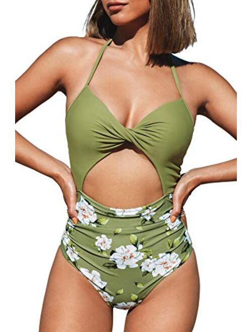 CUPSHE Women's One Piece Swimsuit Cutout Halter Lace Up Twist Bathing Suit