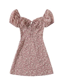 Women's Floral Puff Short Sleeve Ruched A Line Dress V Neck Ruffle Mini Short Dresses