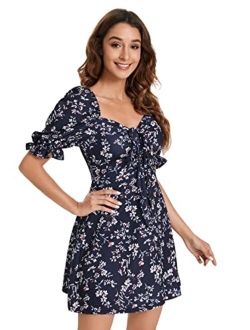 Women's Floral Puff Short Sleeve Ruched A Line Dress V Neck Ruffle Mini Short Dresses