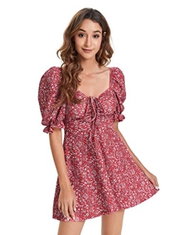 Women's Floral Puff Short Sleeve Ruched A Line Dress V Neck Ruffle Mini Short Dresses