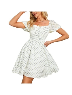 Byinns Women's Sweetheart Neckline Mini Dress Ditsy Floral Smocked High Waist Puff Short Sleeve Drawstring Dress