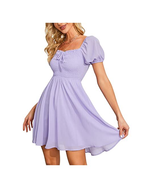 Byinns Women's Sweetheart Neckline Mini Dress Ditsy Floral Smocked High Waist Puff Short Sleeve Drawstring Dress