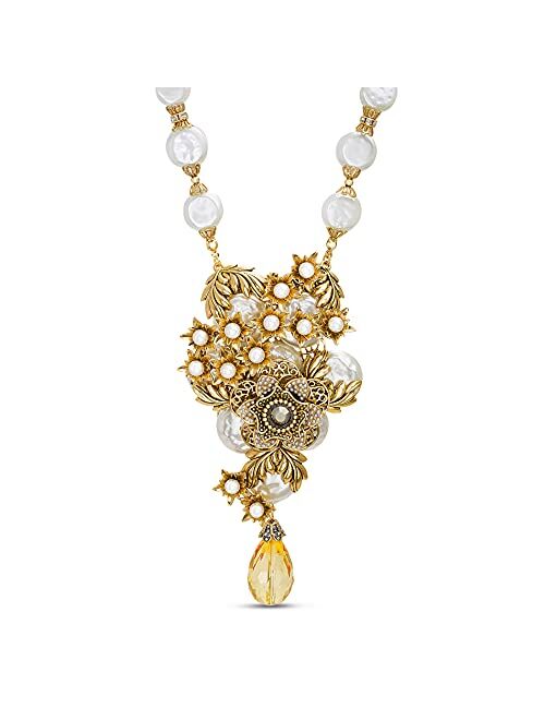 Badgley Mischka Simulated Pearl Rhinestone Teardrop Yellow Flower Statement Necklace for Women Adjustable 19 - 22 Inches