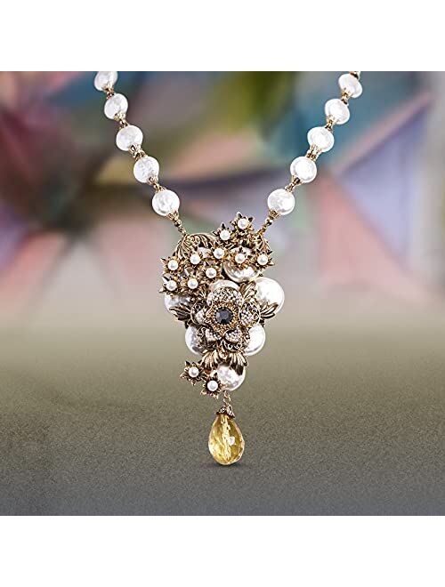 Badgley Mischka Simulated Pearl Rhinestone Teardrop Yellow Flower Statement Necklace for Women Adjustable 19 - 22 Inches