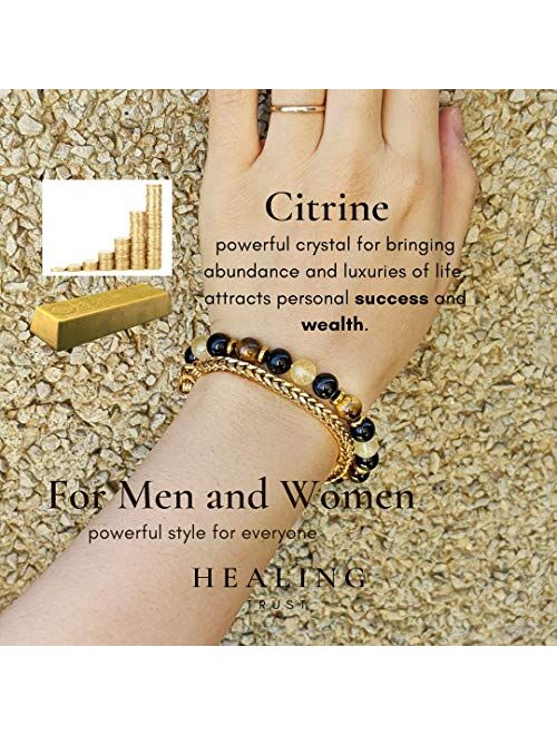 [Healing Trust] Citrine Crystal Bracelet, Tiger Eye, Feng Shui Black Obsidian Wealth Bracelet for Women and Men