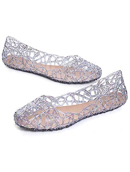 Stunner Women's Beach Jelly Shoes Slip On Crystal Summer Soft Hollow Ballet Flats