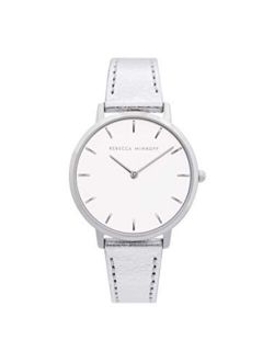 Women's Stainless Steel Quartz Watch with Leather Calfskin Strap, Silver, 16 (Model: 2200365)