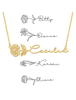 Projewelry Custom Birth Flower Name Necklace Personalized 18K Gold Plated Birth Month Flower Necklace Dainty Floral Pendant Jewelry Birthday Gift for Women