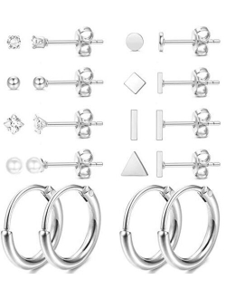 FIBO STEEL 10 Pairs Stainless Steel Tiny Stud Earrings for Women Small CZ Ball Circle Triangle Square Bar Ear Studs Cartilage Hoop Ear Piercings