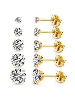 Kainier Women's 14K Gold Plated CZ Stud Earrings Simulated Diamond Round Cubic Zirconia Ear Stud Set（5 Pairs)