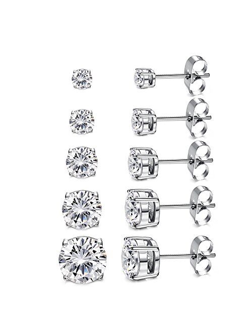 Kainier Women's 14K Gold Plated CZ Stud Earrings Simulated Diamond Round Cubic Zirconia Ear Stud Set（5 Pairs)