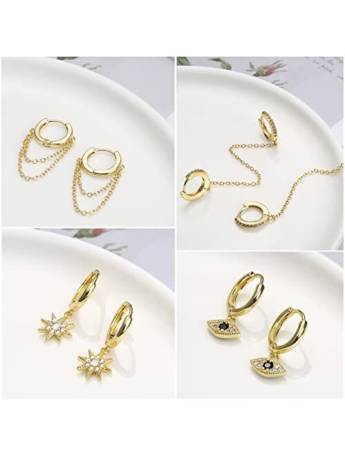 IRONBOX 12Pairs Dangle Hoop Earrings Evil Eye Earrings Starburst Earrings Gold Chain Earrings Mini Hoop Ball Bar Studs Set for Women