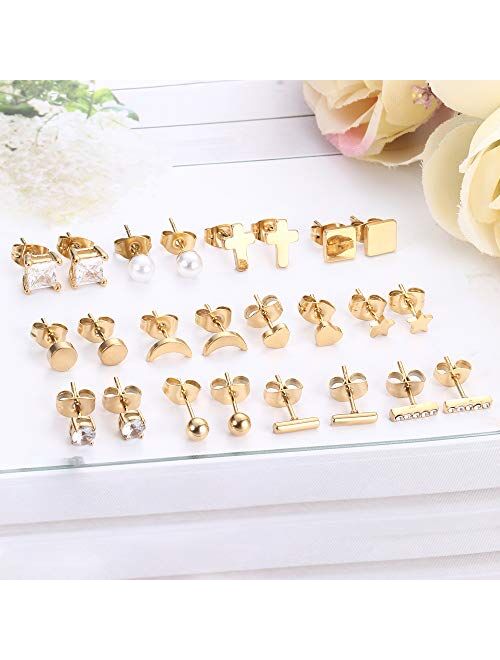 LOYALLOOK 20Pairs Screw Back Earrings Stud for Girls Women Surgical Steel Hypoallergenic Cartilage Stud Earrings Tiny Opal CZ Screwback Flat Back