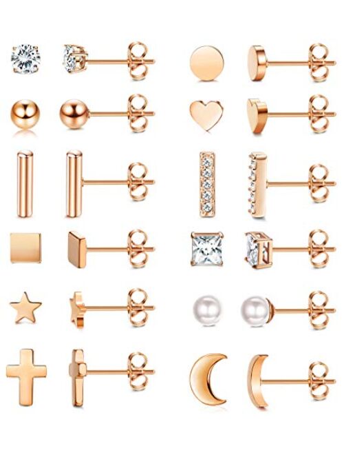 LOYALLOOK 12 Pairs Stainless Steel Stud Earrings for Women Men CZ Bar Ball Star Moon Heart Pearl Cross Disc Square Stud Earrings Cute Tiny Cartilage Geometric Stud Earrin