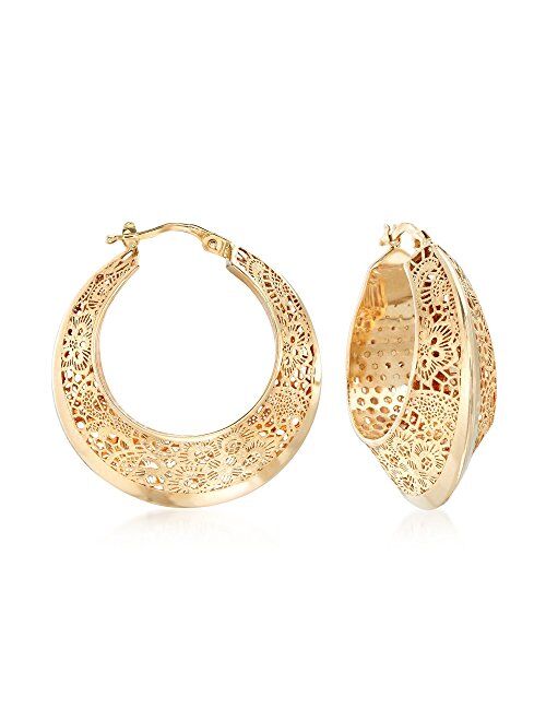 Ross-Simons Italian 14kt Yellow Gold Floral Filigree Hoop Earring