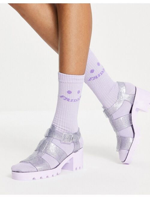 Juju jelly heeled shoes in clear glitter with lilac contrast sole