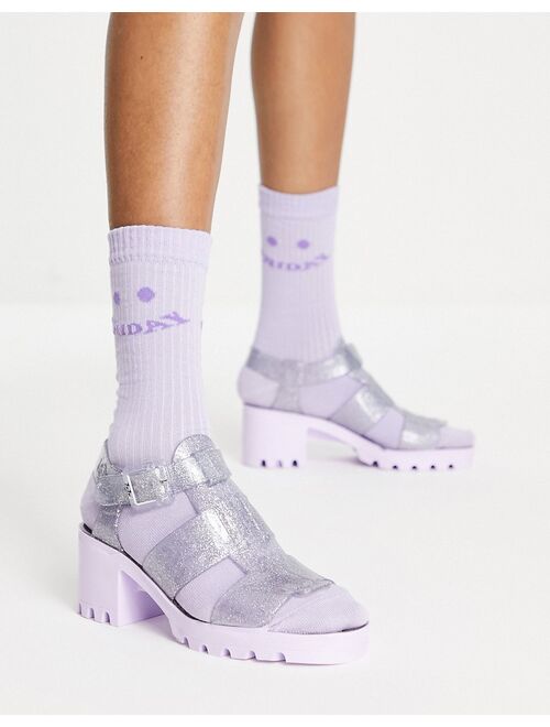 Juju jelly heeled shoes in clear glitter with lilac contrast sole