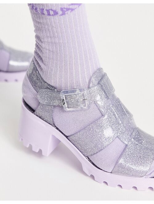 Juju jelly heeled shoes in clear glitter with lilac contrast sole