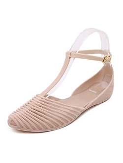 Yehopere Women's T-Strap Jelly Sandal Pointed Toe Clear Summer Beach Flat Sandals