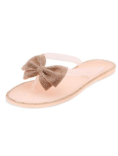 Shoe Land SUMMER Women Rhinestone Bowtie Flip Flops Jelly Thong Sandals Rubber Flat Beach Rain Shoes