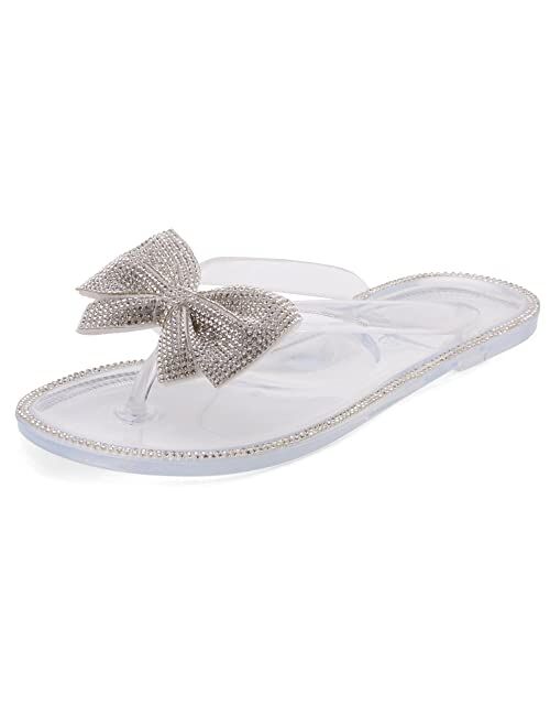 Shoe Land SUMMER Women Rhinestone Bowtie Flip Flops Jelly Thong Sandals Rubber Flat Beach Rain Shoes