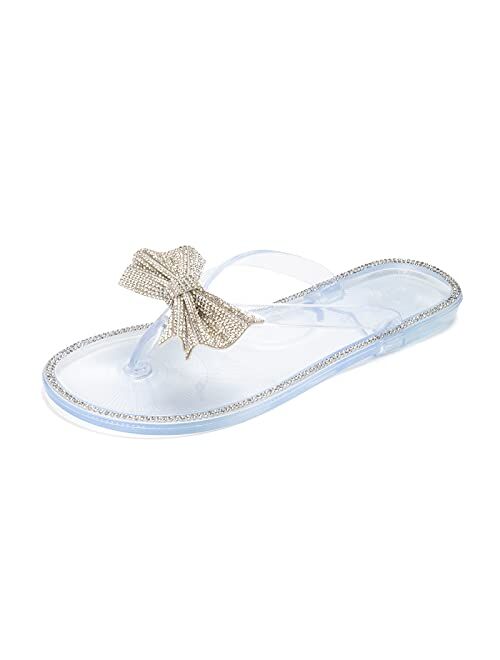 LUFFYMOMO Women's Rhinestone Flip Flops Beach Flat Thong Sandals