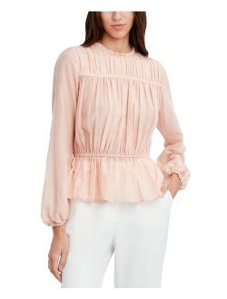 BCBGMAXAZRIA Mock Neck Pleated Peplum Blouse