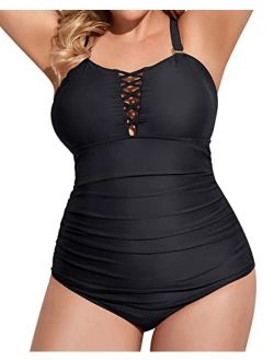 Yonique Women Plus Size One Piece Swimsuits Deep V Neck Tummy Control Bathing Suits Lace Up Swimwear