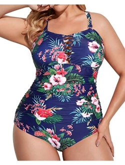 Yonique Women Plus Size One Piece Swimsuits Deep V Neck Tummy Control Bathing Suits Lace Up Swimwear