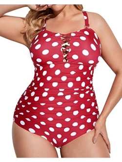 Yonique Women Plus Size One Piece Swimsuits Deep V Neck Tummy Control Bathing Suits Lace Up Swimwear