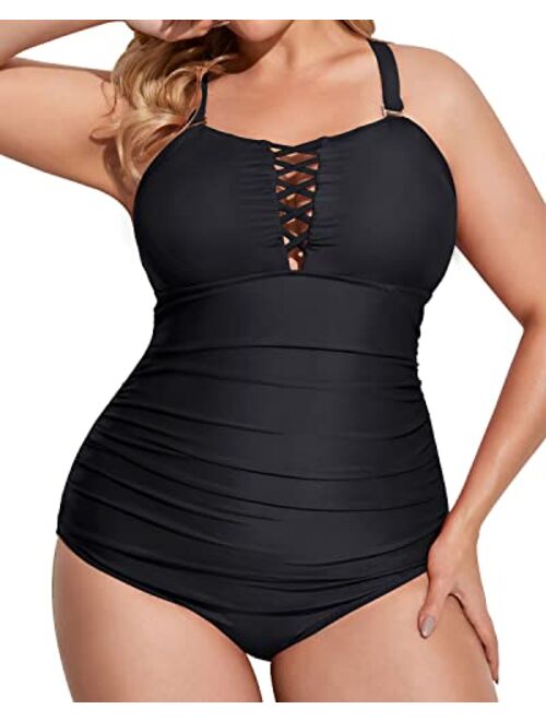 Yonique Women Plus Size One Piece Swimsuits Deep V Neck Tummy Control Bathing Suits Lace Up Swimwear