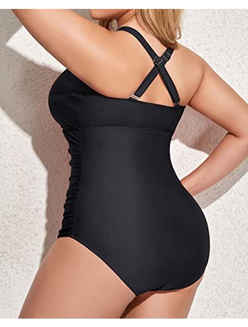 Yonique Women Plus Size One Piece Swimsuits Deep V Neck Tummy Control Bathing Suits Lace Up Swimwear