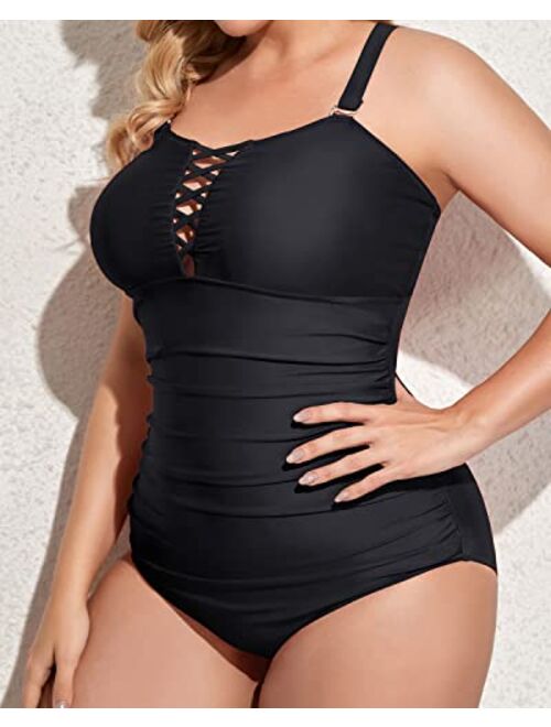 Yonique Women Plus Size One Piece Swimsuits Deep V Neck Tummy Control Bathing Suits Lace Up Swimwear