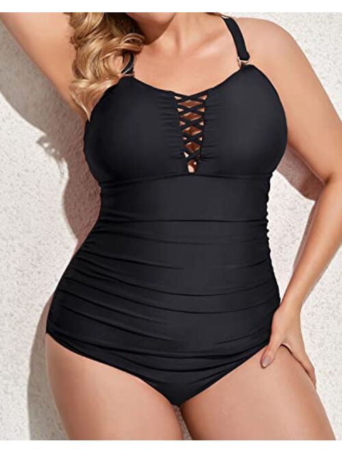 Yonique Women Plus Size One Piece Swimsuits Deep V Neck Tummy Control Bathing Suits Lace Up Swimwear