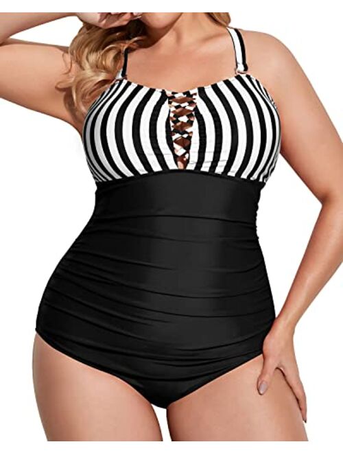 Yonique Women Plus Size One Piece Swimsuits Deep V Neck Tummy Control Bathing Suits Lace Up Swimwear